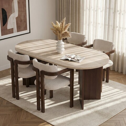 Set masa si scaune (5 piese), Nordure, Meridia 4, Travertin / Nuc Milano / Nuc Închis / Alb