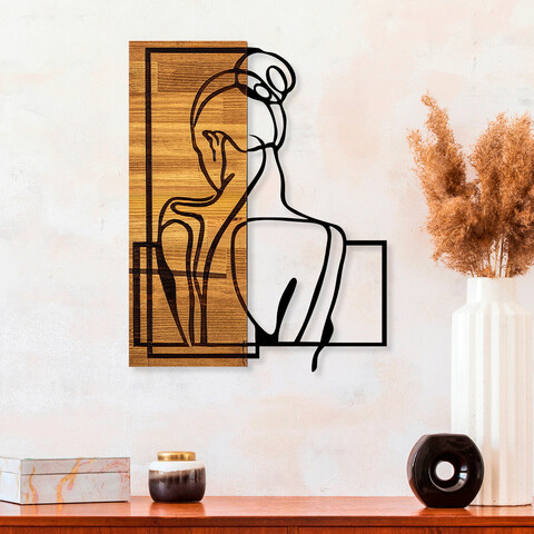 Decoratiune de perete, woman posture, 50% lemn/50% metal, dimensiune: 39 x 3 x 50 cm, negru / nuc deschis