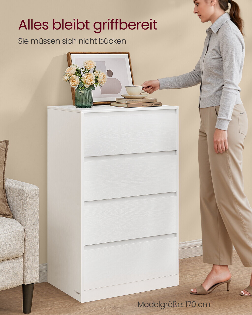 Comoda cu 4 sertare Kailyn, Songmics, 60x40x97.4 cm, PAL/MDF, alb - imagine 4