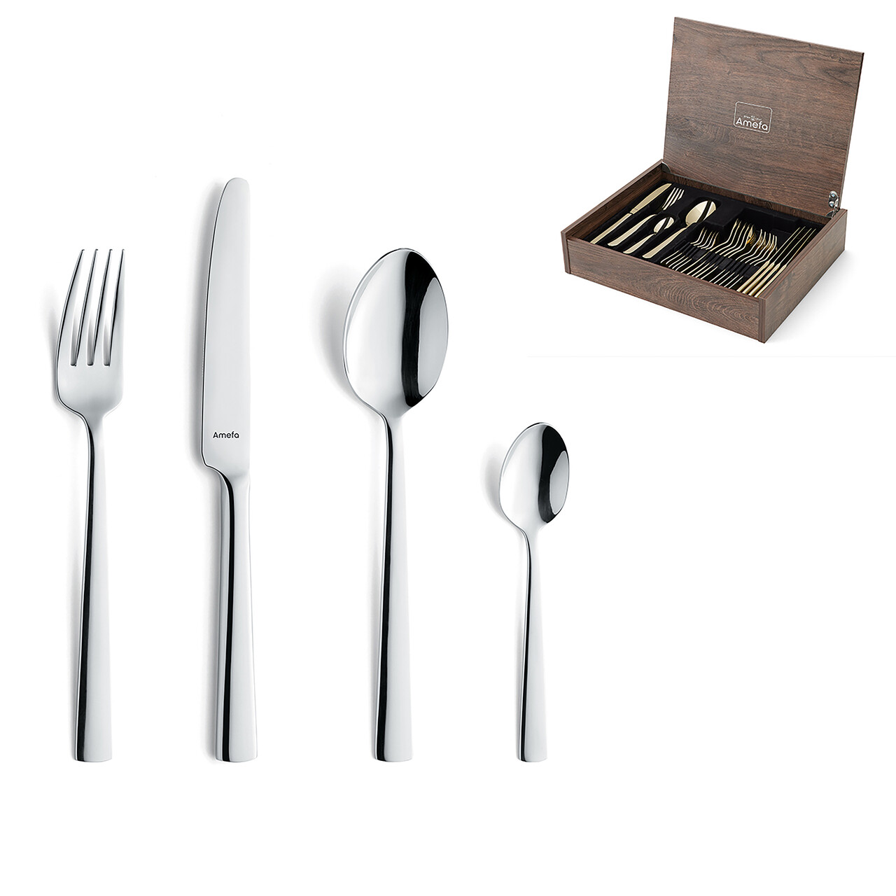 Set tacamuri 24 piese in cutie de lemn Moderno, Amefa, 6 persoane, inox 18/10, argintiu — imaginea 4