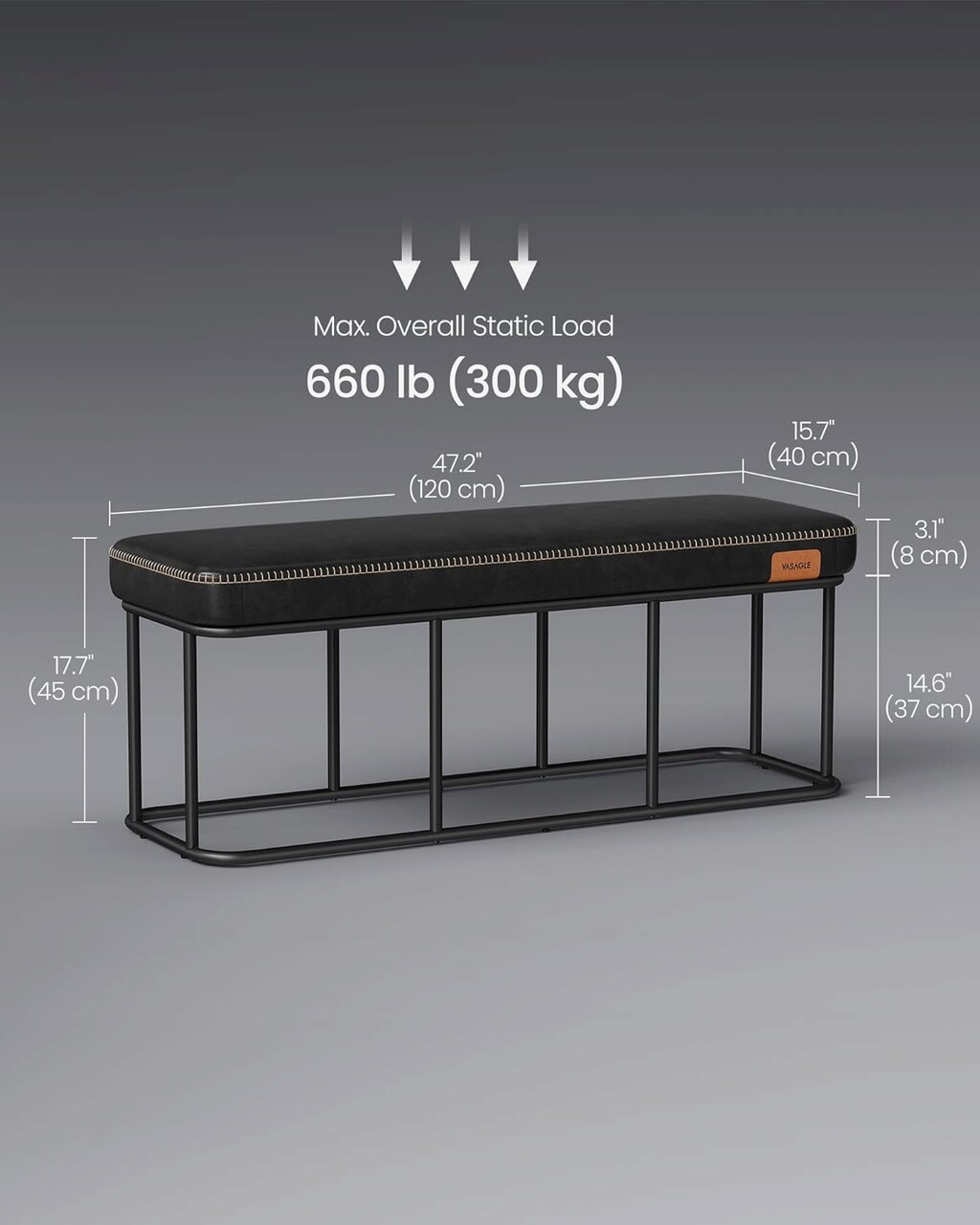 Bancheta Vasagle Ekho, 120 x 40 x 45 cm, max 300 kg, piele ecologica/otel, negru