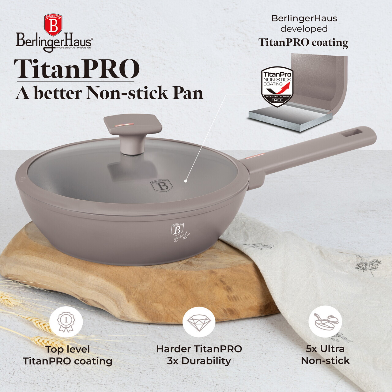 Tigaie adanca cu capac Berlinger Haus, Taupe, 24 cm, 2.3 L, aluminiu forjat, taupe mat - imagine 7