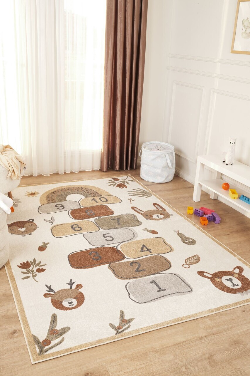 Covor, Bohem Kids Seksek, 80x150 cm, Poliester, Crem / Gri