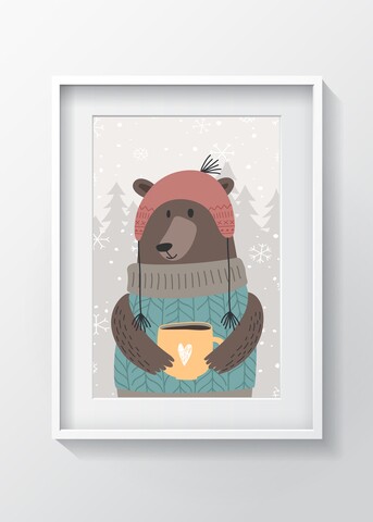 Tablou decorativ bear w mug, oyo kids, 29x24 cm, lemn/mdf, multicolor