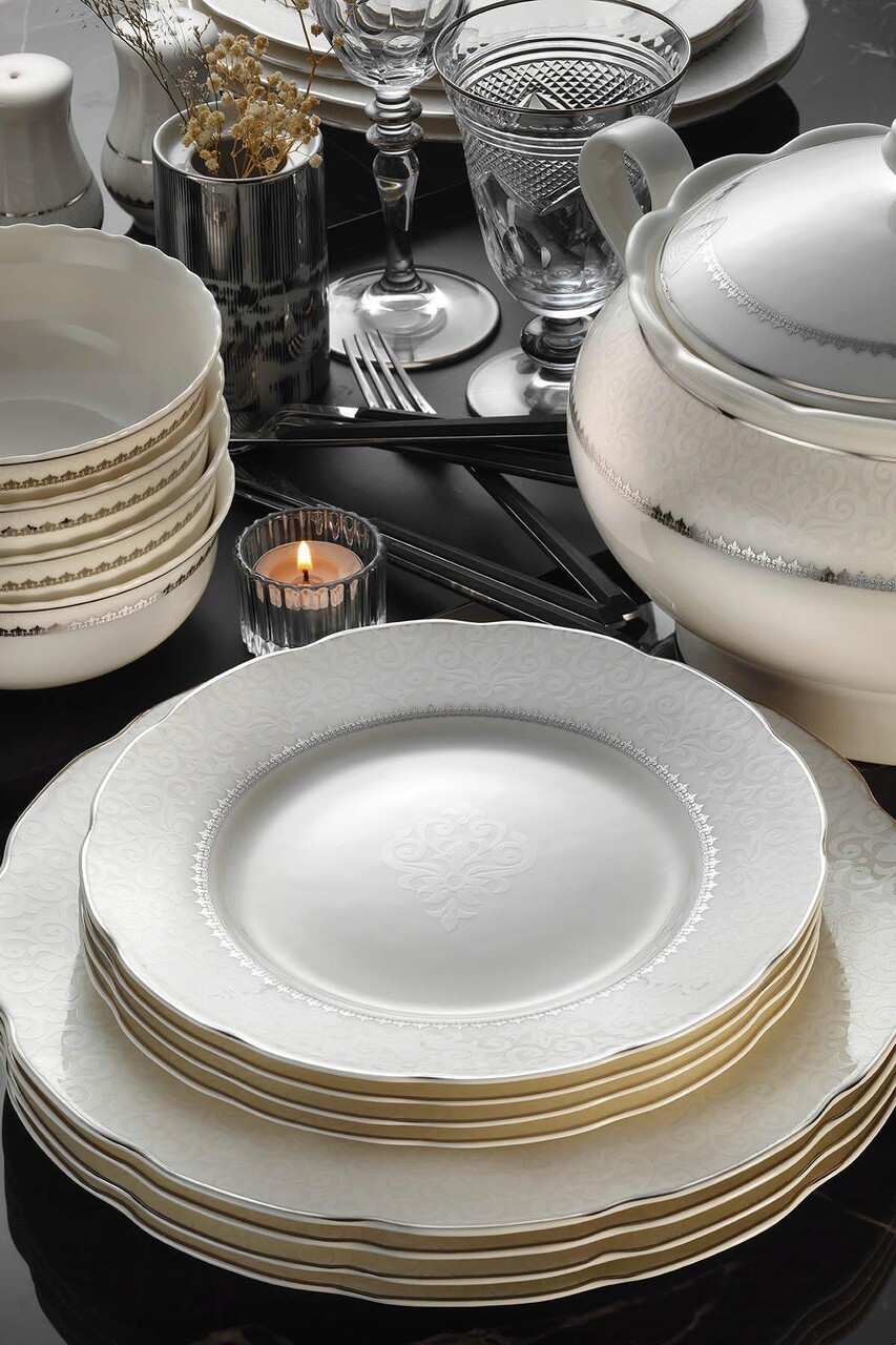 Serviciu de masa 62 piese BNOLY62YT1138020, Kutahya Porselen, ceramica, alb/auriu