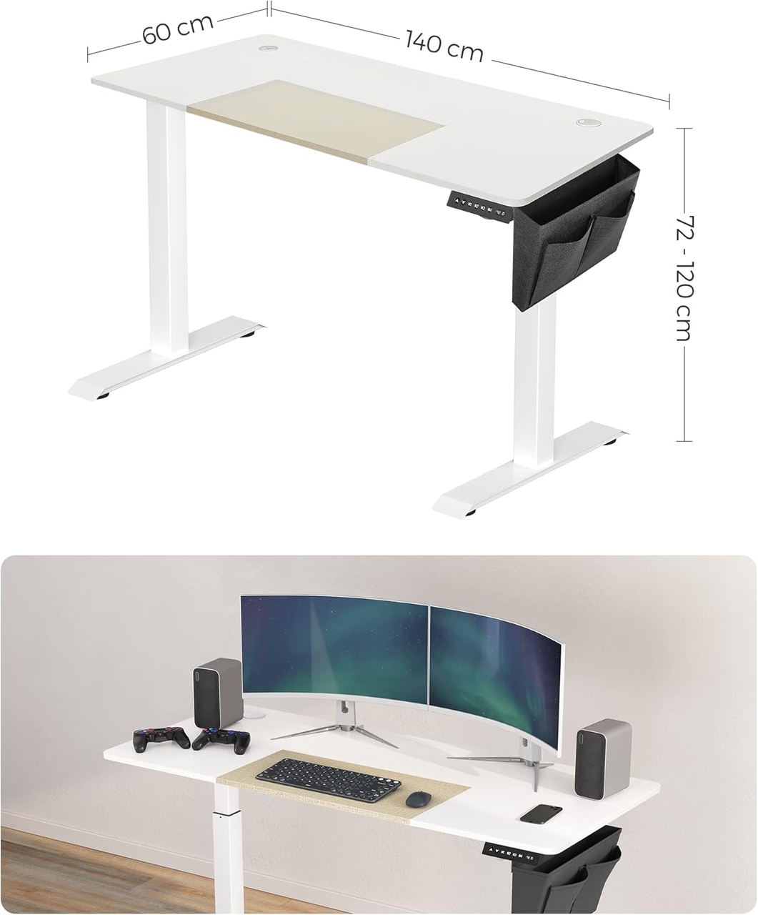 Birou reglabil pe inaltime, Songmics, 140x60x72-120 cm, PAL/otel, alb/bej
