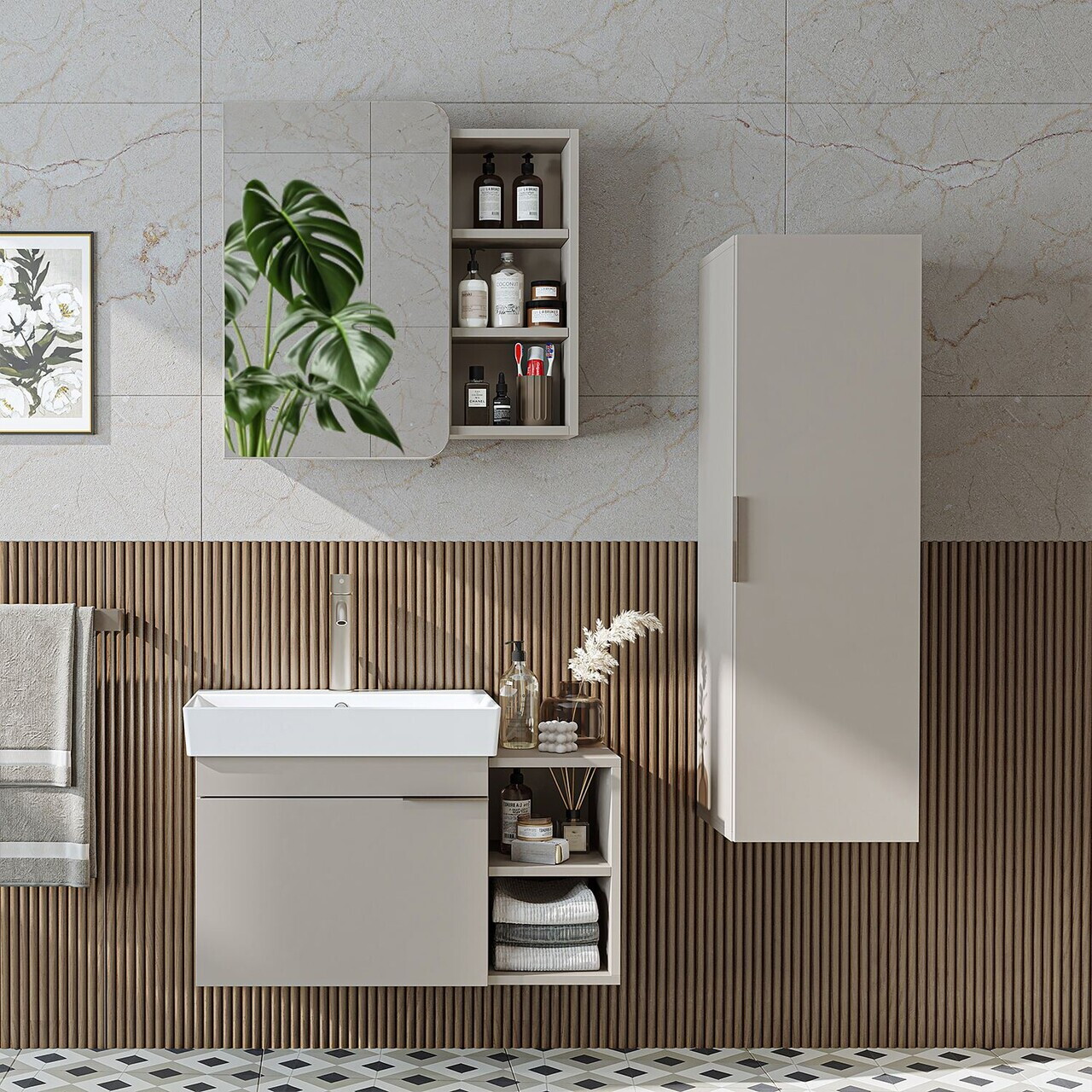 Set Dulap de Baie cu Chiuvetă și Oglindă (3 Piese), Hanah Home, 2942, PAL MELAMINAT, Gresie — imaginea 2