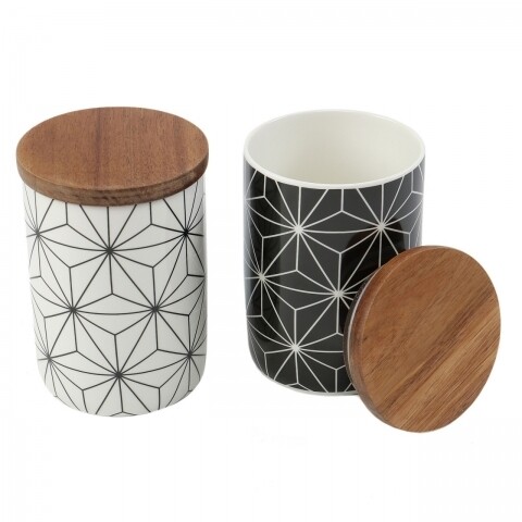 Set 2 recipiente cu capac Geometry, Jocca, 10 x 15 cm, portelan/salcam, alb/negru/natur