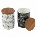 Set 2 recipiente cu capac Geometry, Jocca, 10 x 15 cm, portelan/salcam, alb/negru/natur