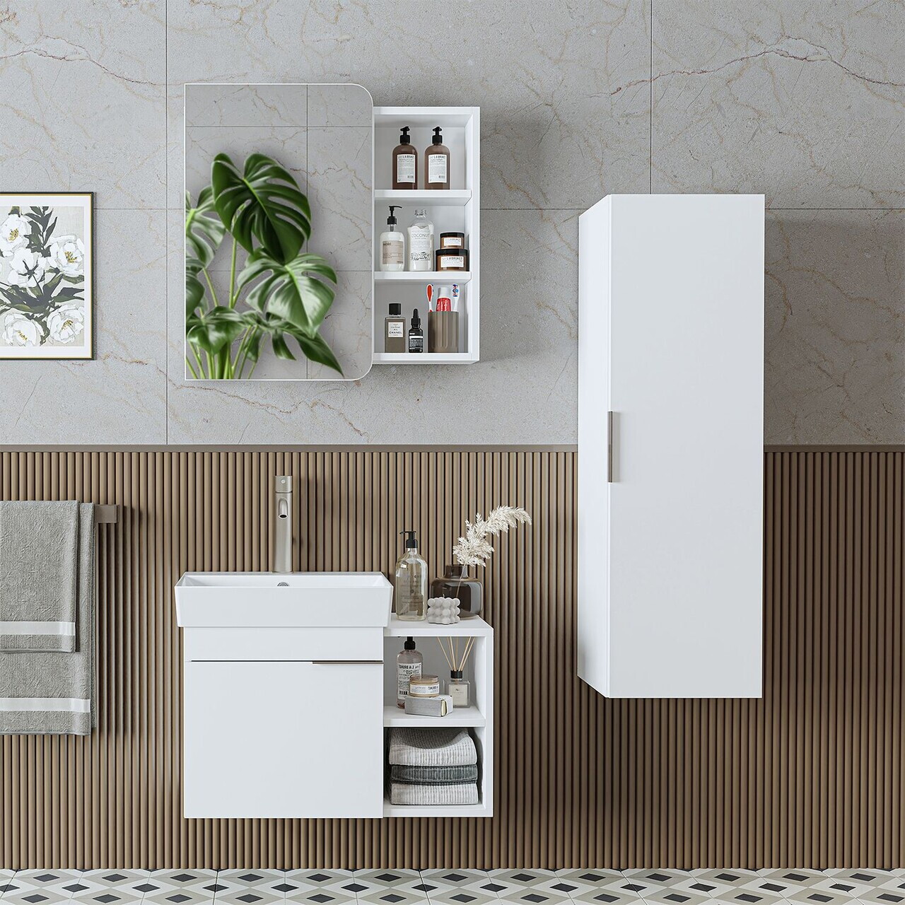 Set Dulap de Baie cu Chiuvetă și Oglindă (3 Piese), Hanah Home, 2925, PAL MELAMINAT, Alb — imaginea 2