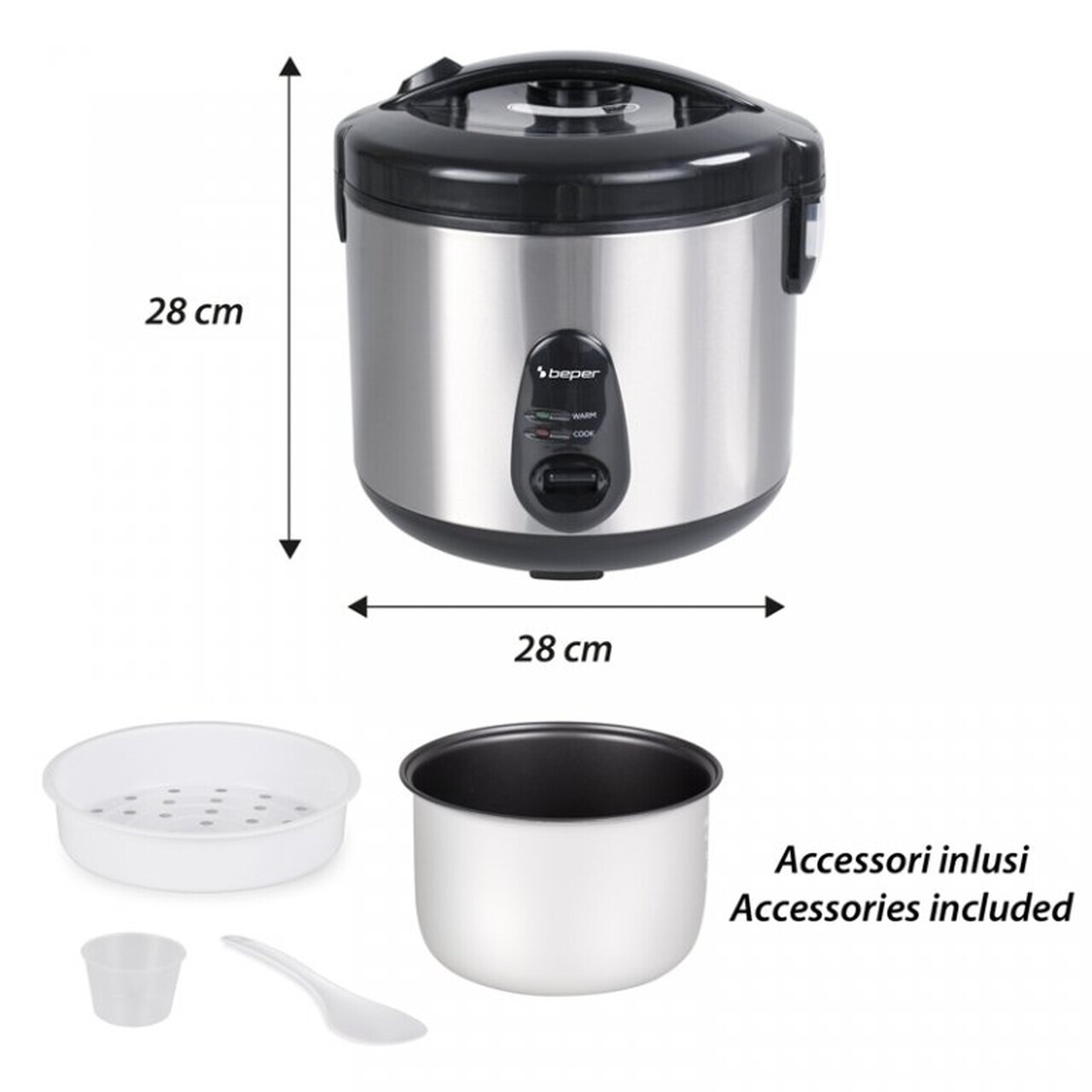 Aparat de gatit orez Beper, Vapore Pro, 28x28 cm, 700W, 1.8L, inox/aluminiu/plastic, argintiu/negru - view 5