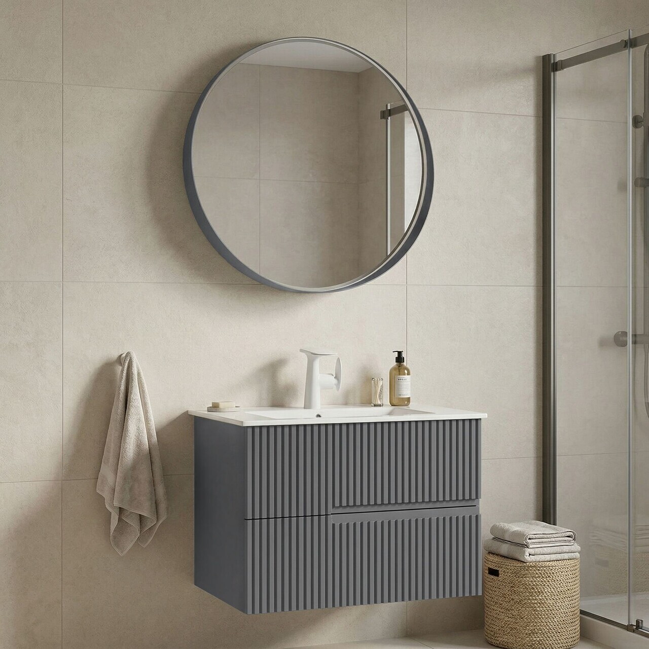 Set Dulap de Baie cu Chiuvetă și Oglindă (2 Piese), Hanah Home, Moonlight 70 v2, Gri Mat