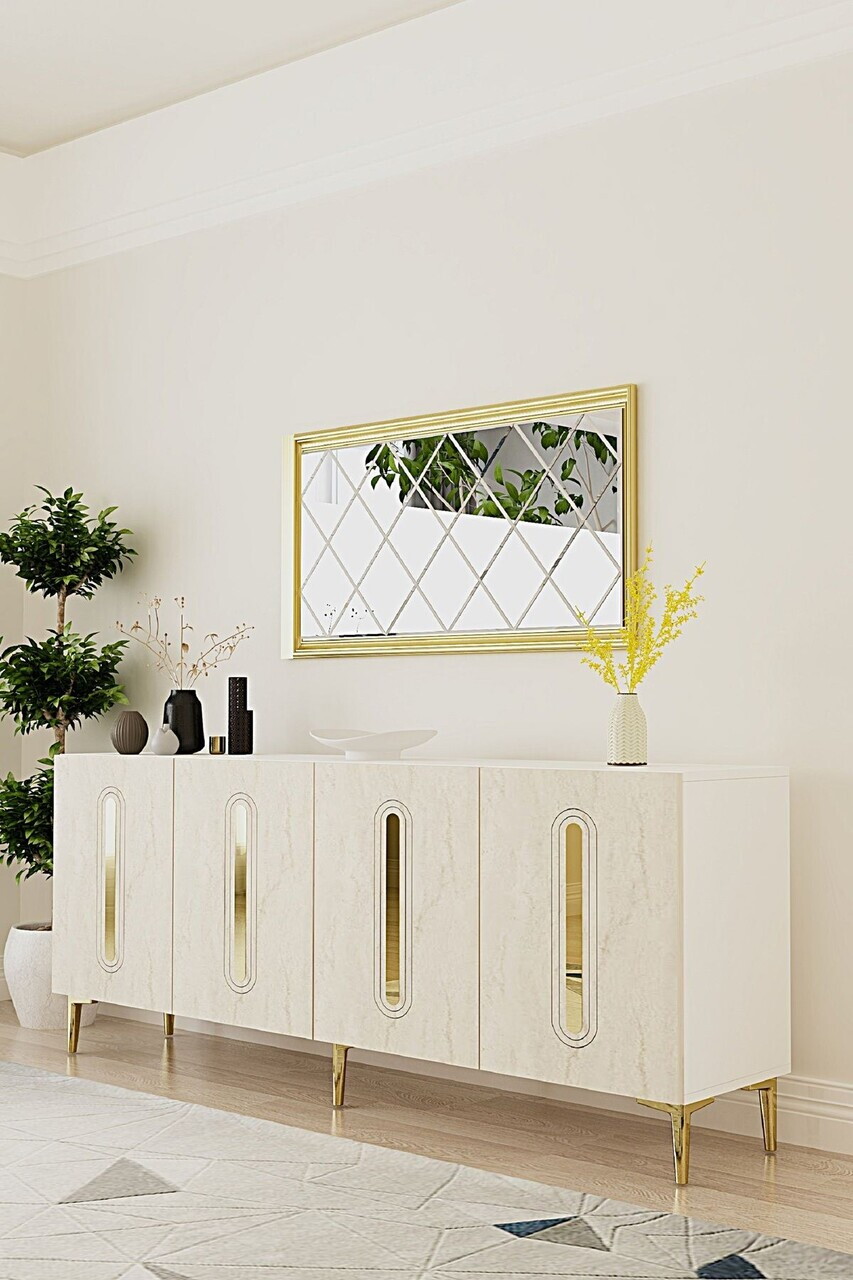 Consola, Hanah Home, Rany 180, 180x75x32 cm, White / Travertine / Gold