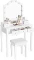 Masa de toaleta cu taburet si oglinda cu LED-uri / masuta dressing, Vasagle, 80x40x139 cm, MDF/lemn de pin/lemn de cauciuc, alb