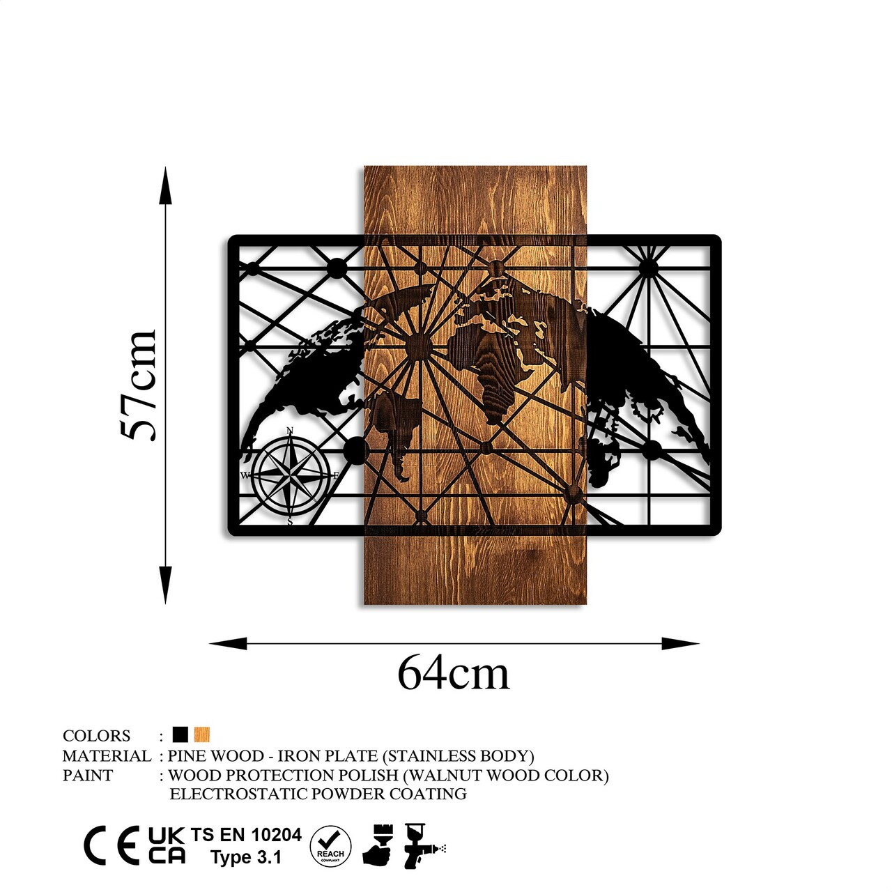 Decoratiune de perete, World Map 5-M, Dimensiuni: 57 x 64 cm, Nuc / Negru — imaginea 6