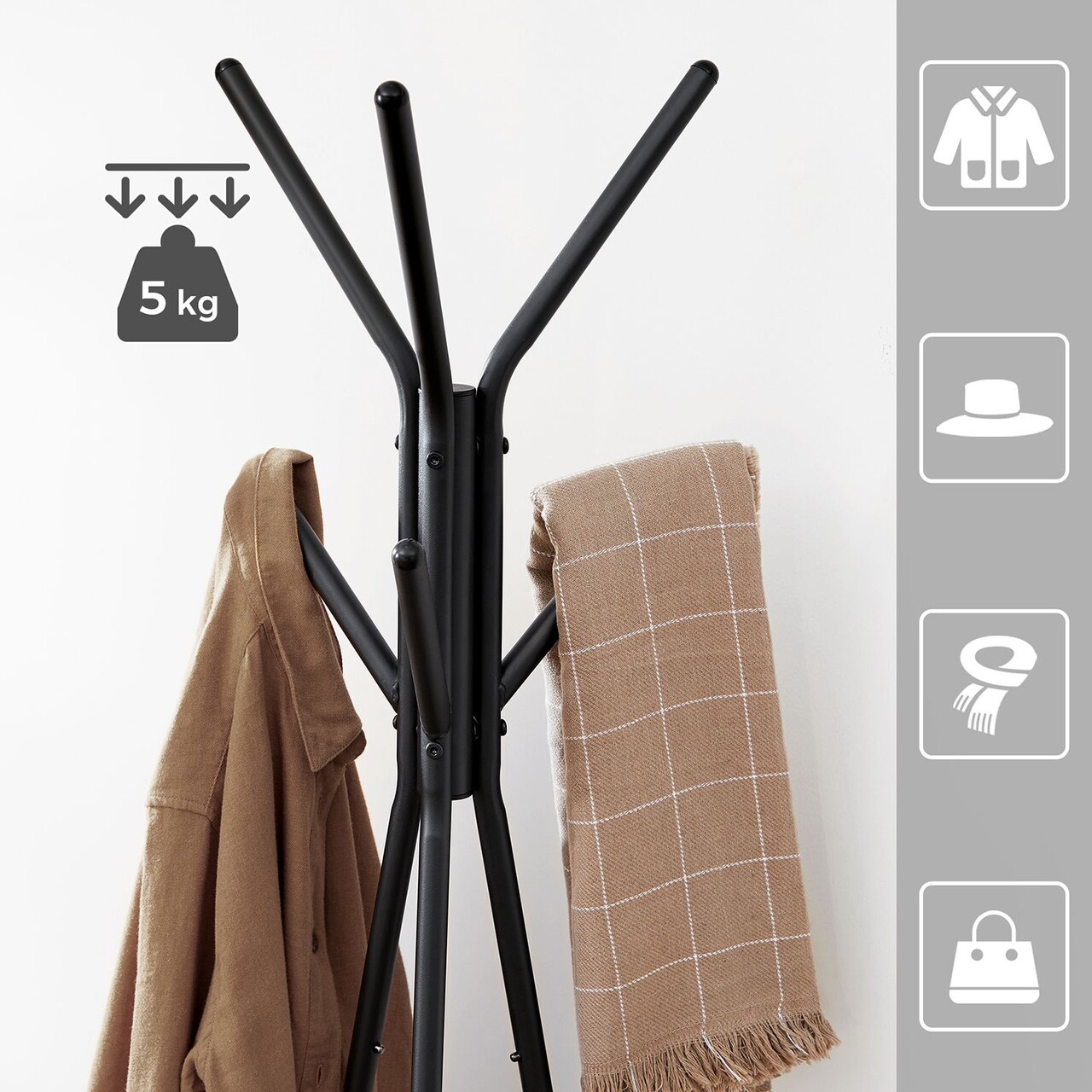 Cuier cu 6 agatatori si 2 rafturi Tree, Vasagle, 49.5x49.5x179 cm, PAL/otel, gri/negru - view 4