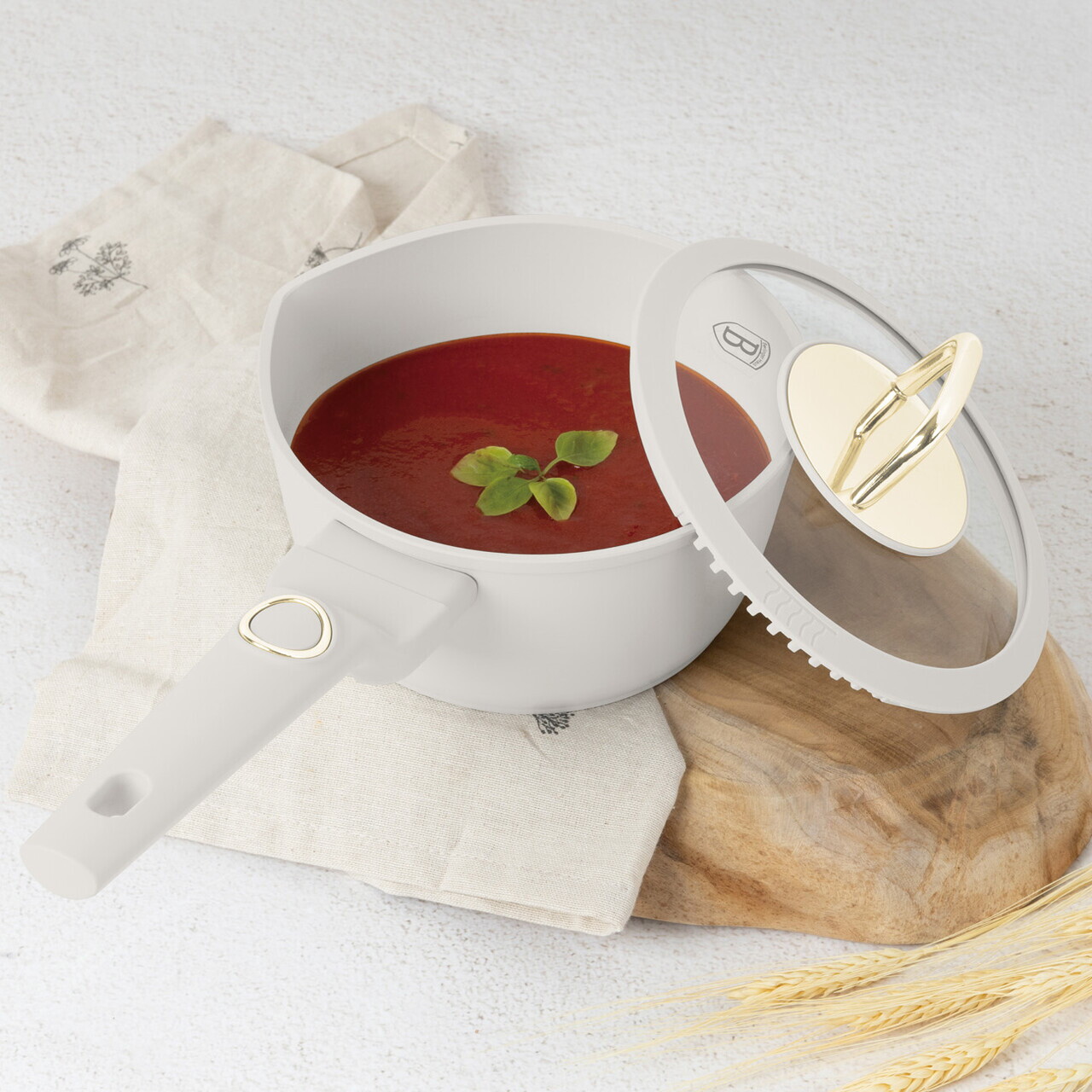 Cratita cu capac Berlinger Haus, Sahara, 16 cm, 1.2 L, aluminiu forjat, crem mat - imagine 5