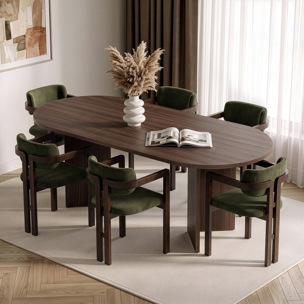 Set masa extensibila si scaune (7 piese), Nordure, Aleria 6, Nuc Milano / Nuc Închis / Verde