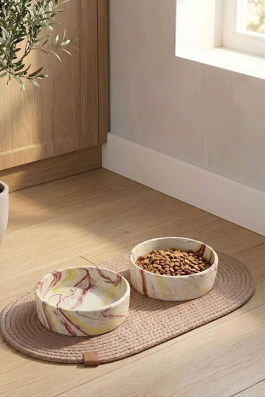 Set boluri pentru hrană pentru animale de companie (2 bucăți), Paws & Whiskers, Bowl, Ceramica, Galben rosu