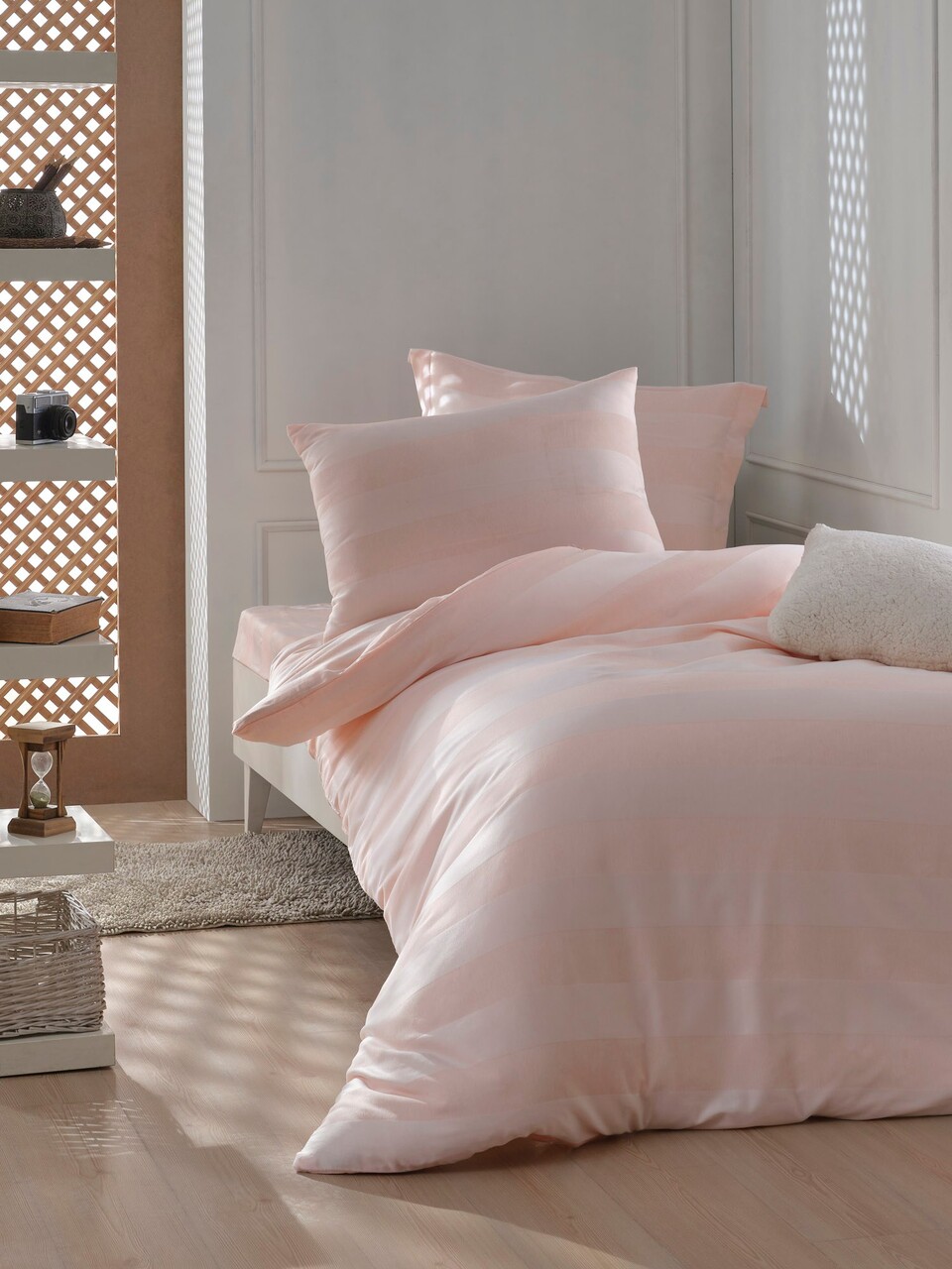 Lenjerie de pat pentru o persoana 2 piese, Max Yollu Saten - Powder, EnLora Home, 70% bumbac/30% poliester