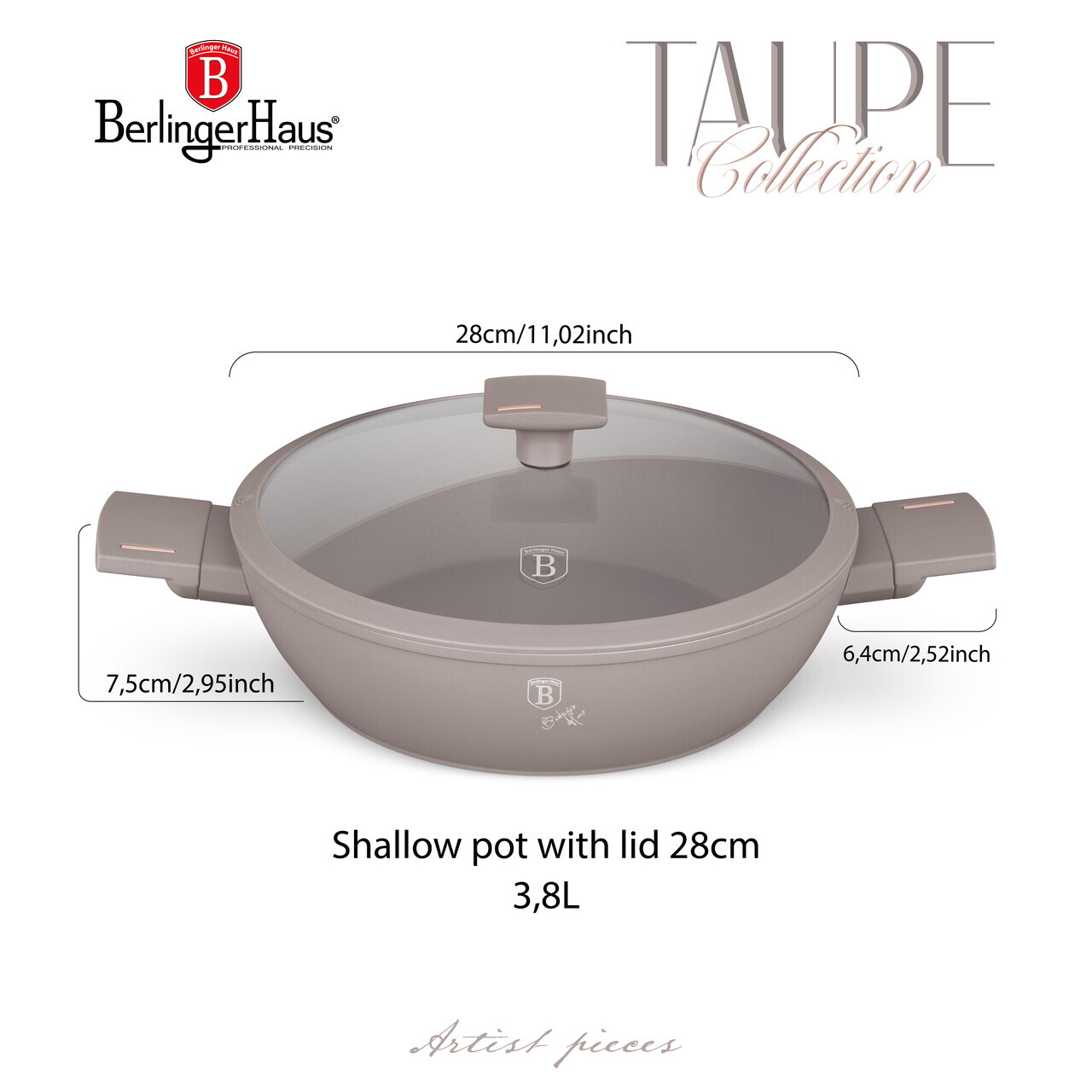Oala cu capac Berlinger Haus, Taupe, 28 cm, 3.8 L, aluminiu forjat, taupe mat - imagine 10