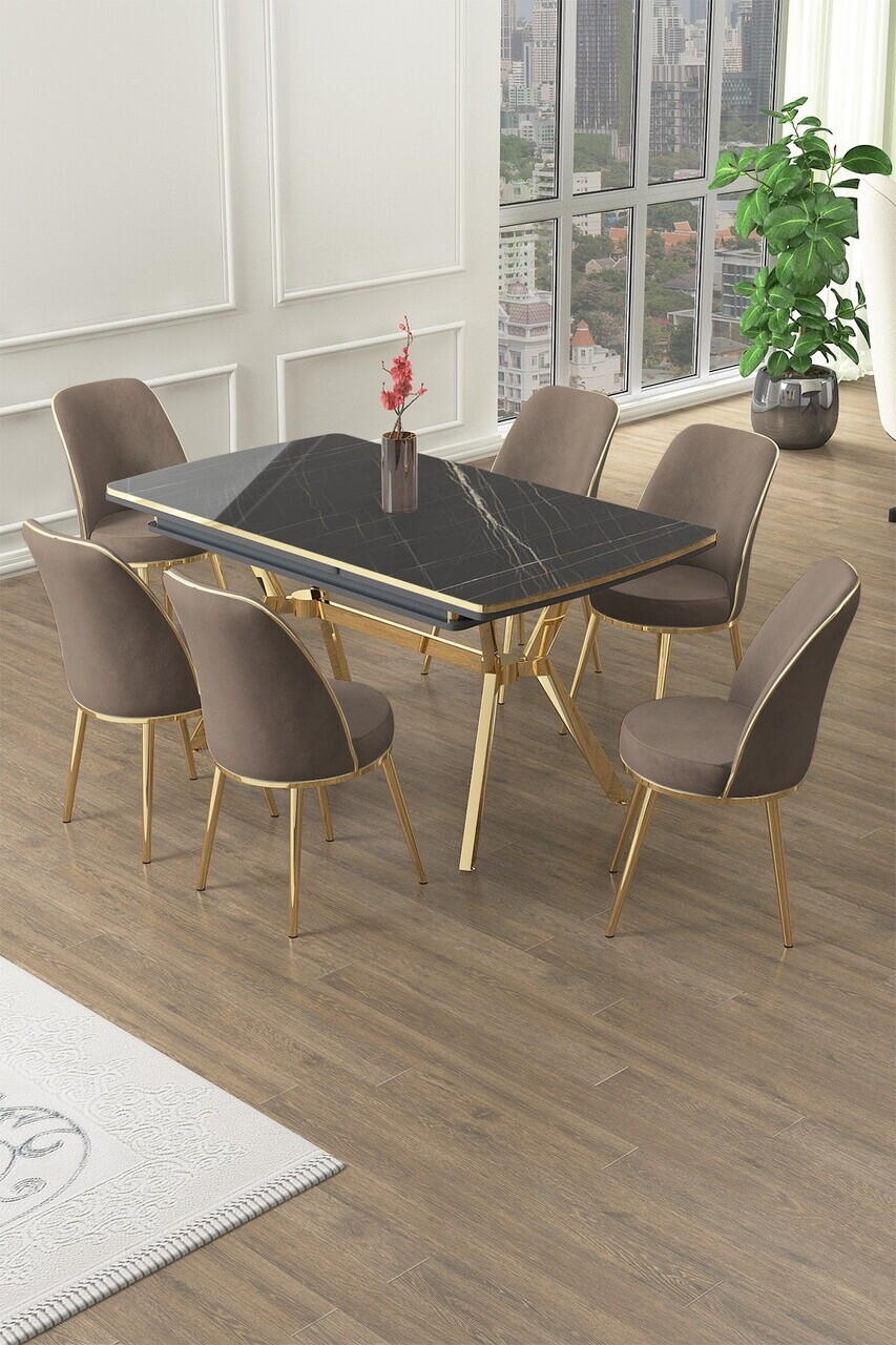 Set masa extensibila si scaune (7 piese), Hanah Home, Poy, Sonata / Aur / Cappuccino