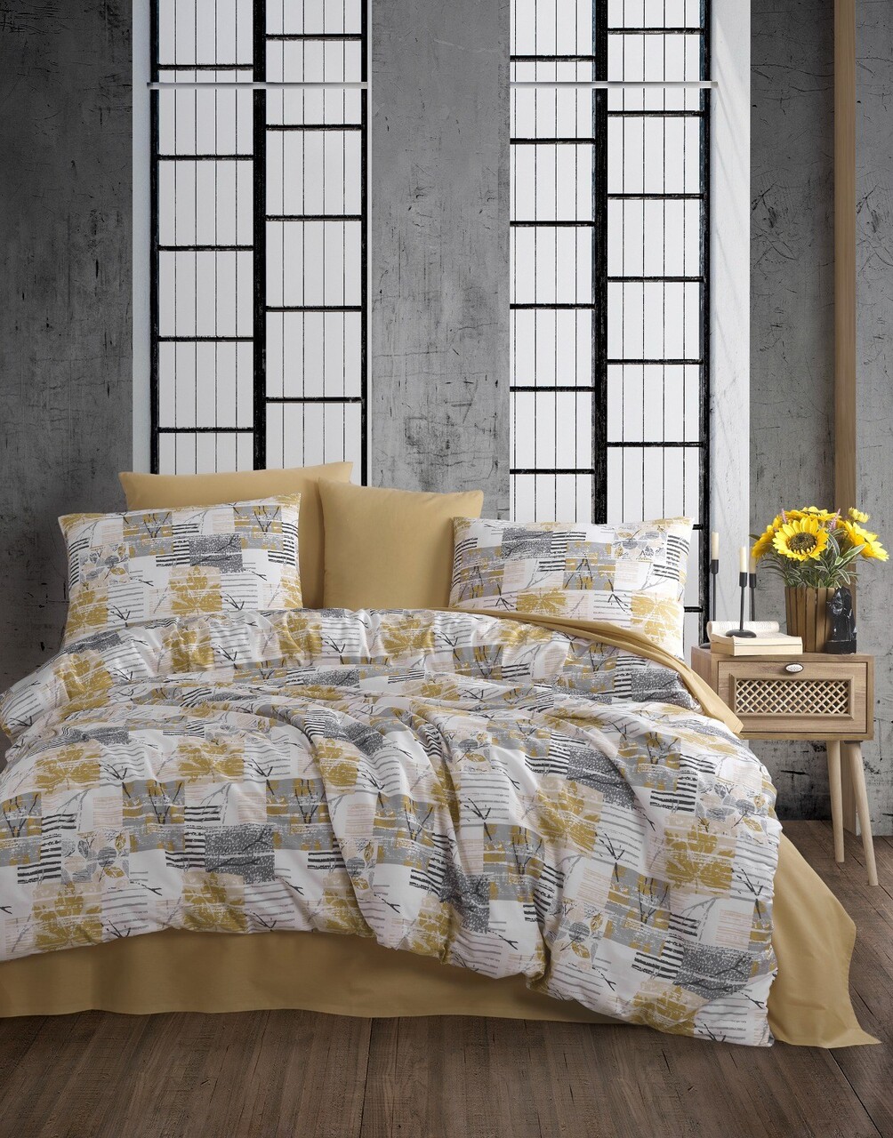 Lenjerie de pat dubla King (FR) L'essentiel Maison Serra Galben / Alb / Gri