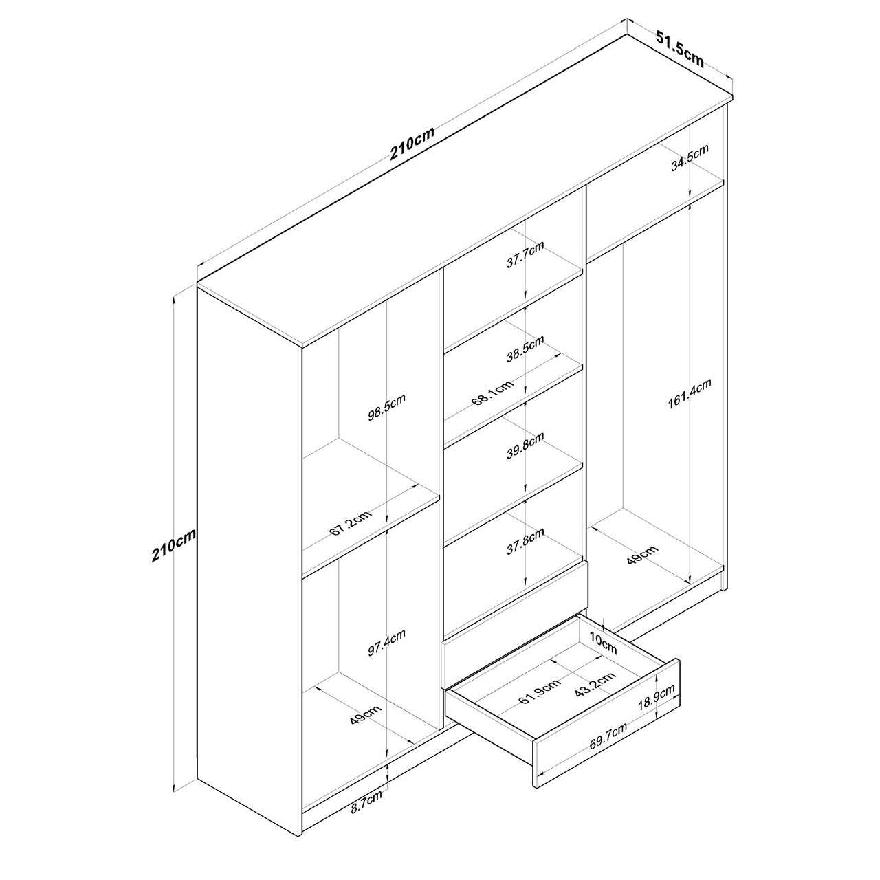 Dulap pentru haine, Rani, BA130, 210x210x51.5 cm, PAL, Nuc/Alb