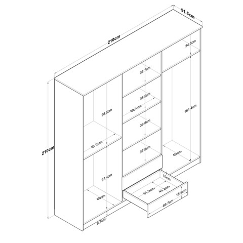Dulap pentru haine, Rani, BA130, 210x210x51.5 cm, PAL, Nuc/Alb