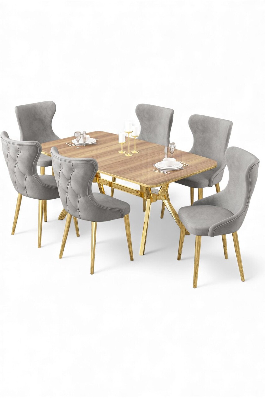 Set masa extensibila si scaune, Hanah Home, Esla, Stejar / Auriu / Gri - view 2