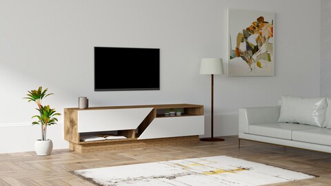 Comoda tv koza, puqa design, 160x40x45 cm, maro/alb