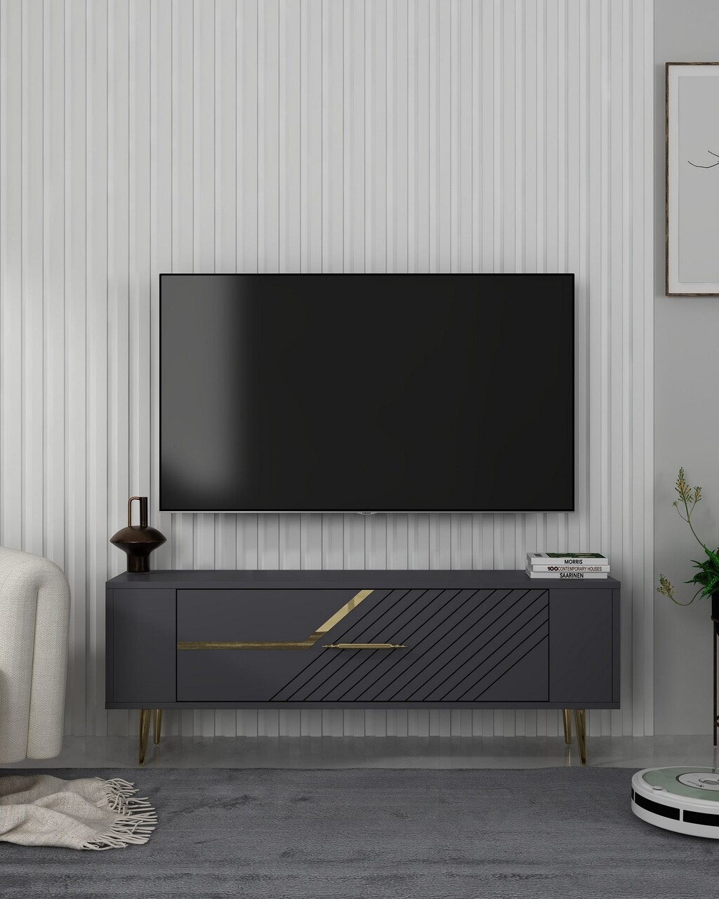 Comoda TV, Olivia, Retrolp5, Antracit / Aur