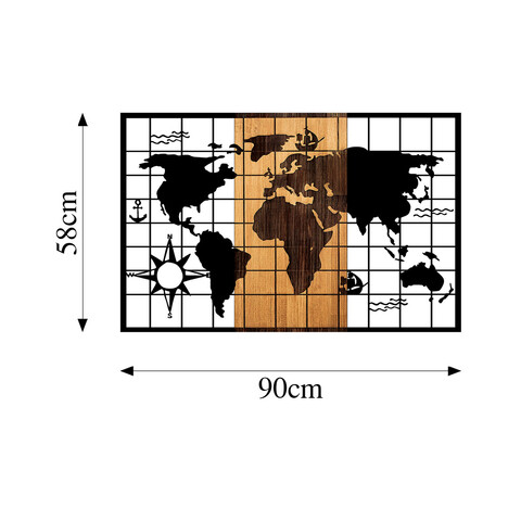 Decoratiune de perete, World Map, 50% lemn/50% metal, Dimensiune: 90 x 3 x 58 cm, Nuc negru