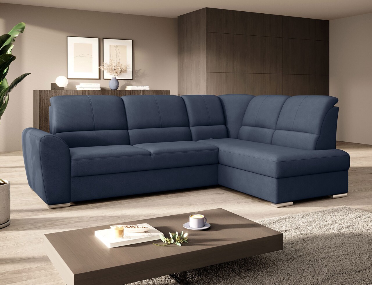 Coltar extensibil dreapta 3 locuri ELTAP, RT-40PO, Siber, 270x186x93 cm, lemn/poliester, albastru inchis