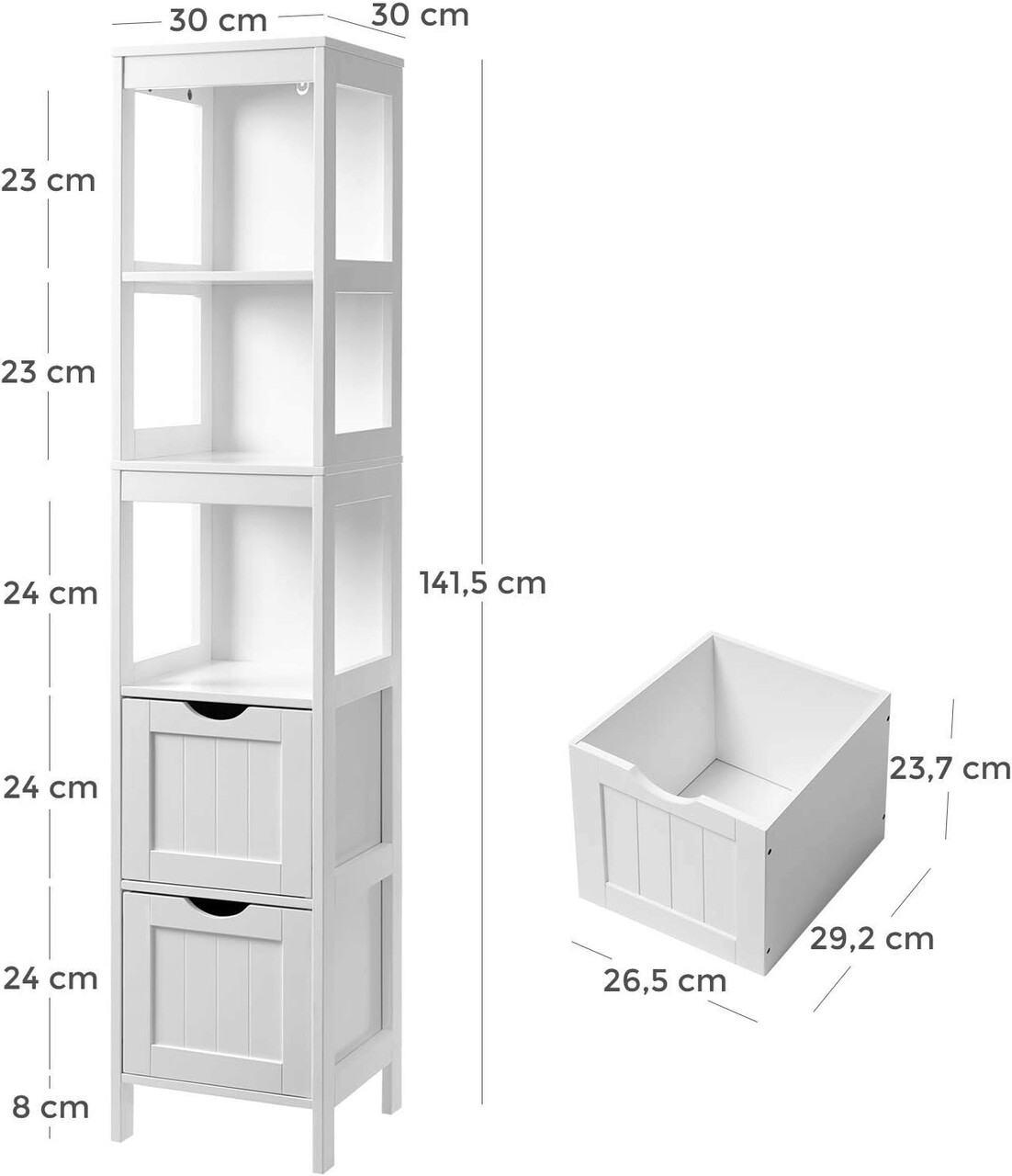 Dulap Ingust Pentru Baie Tall, Vasagle, 30 X 30 X 141.5 Cm, MDF, Alb