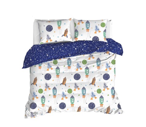 Lenjerie de pat dubla 3 piese, spacex - dark blue, enlora home, bumbac ranforce