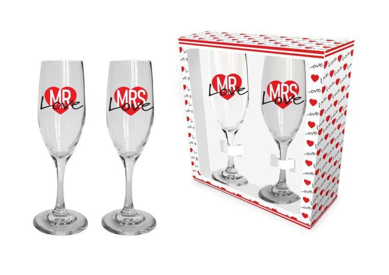 Set 2 Pahare Sampanie Mrs + Mr Love, Bg-Tech, 220 Ml, Sticla