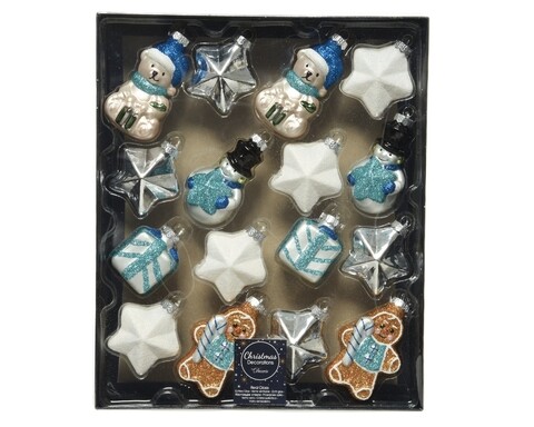 Cutie cu 16 globuri asortate Gingerbread , Decoris, sticla, alb/albastru/argintiu