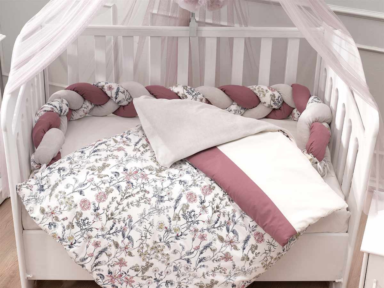 Set de dormit pentru bebelusi cu protectie laterala, Wallxpert, Flower, Roz / Alb / Gri