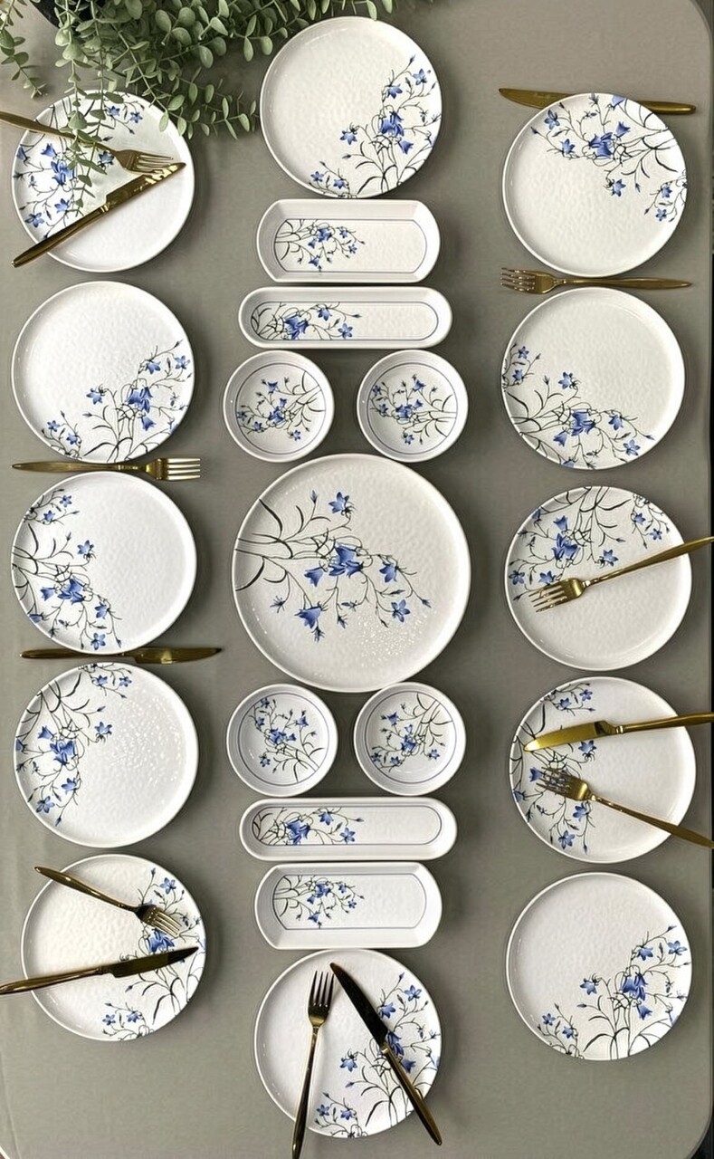 Set de mic dejun (21 de piese), L'essentiel Maison, 759NRE1126, Farfurie de servire: 20 x 20 cm (12 bucăți), Albastru/Alb