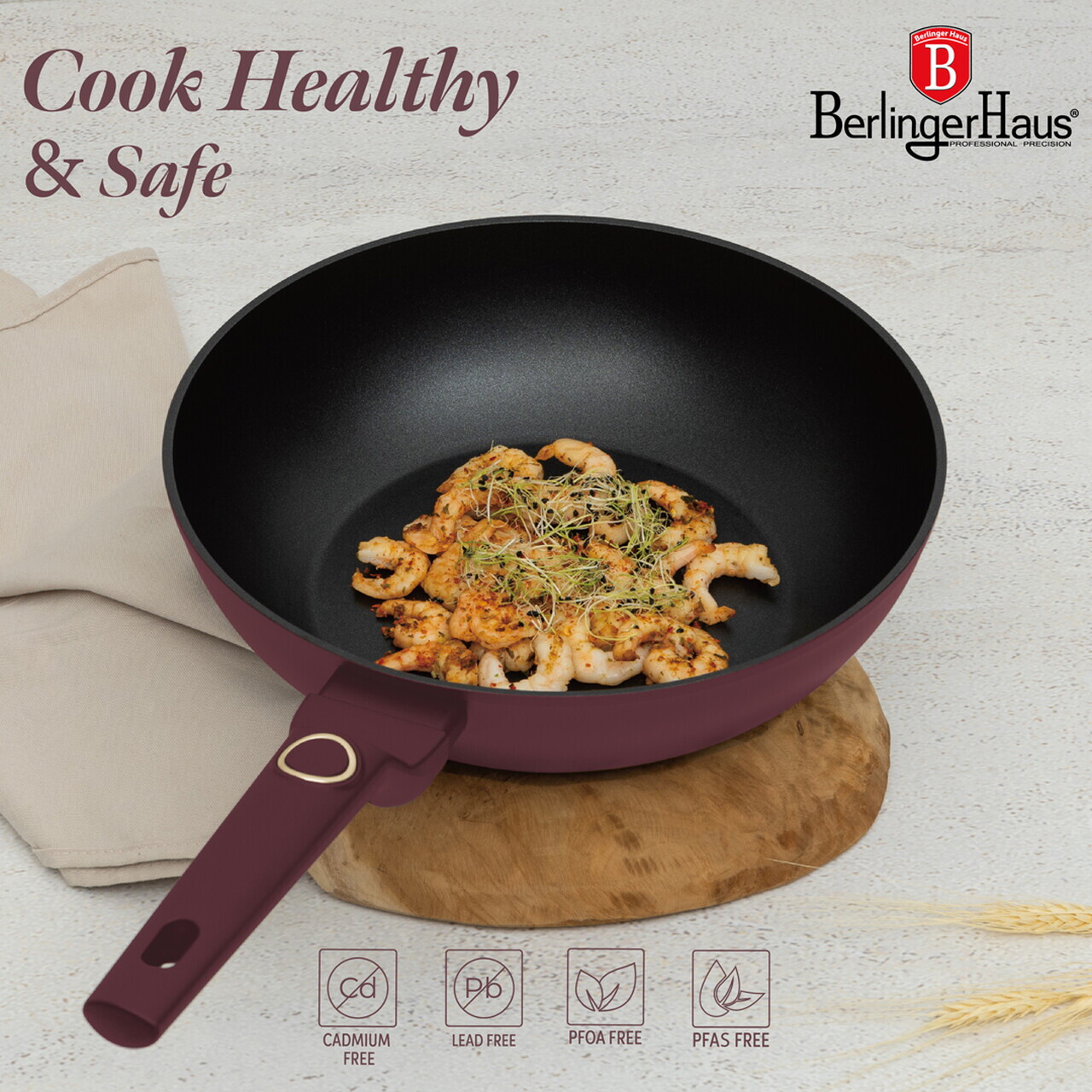 Tigaie Wok Berlinger Haus, Leonardo, 28 cm, 3.2 L, aluminiu forjat, visiniu mat - imagine 11