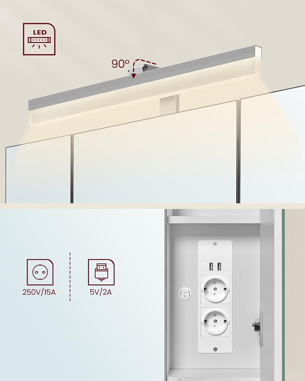Dulap baie cu oglinda Vasagle, cu prize si USB, 70x16.5x75 cm, PAL/MDF/sticla, alb - imagine 5