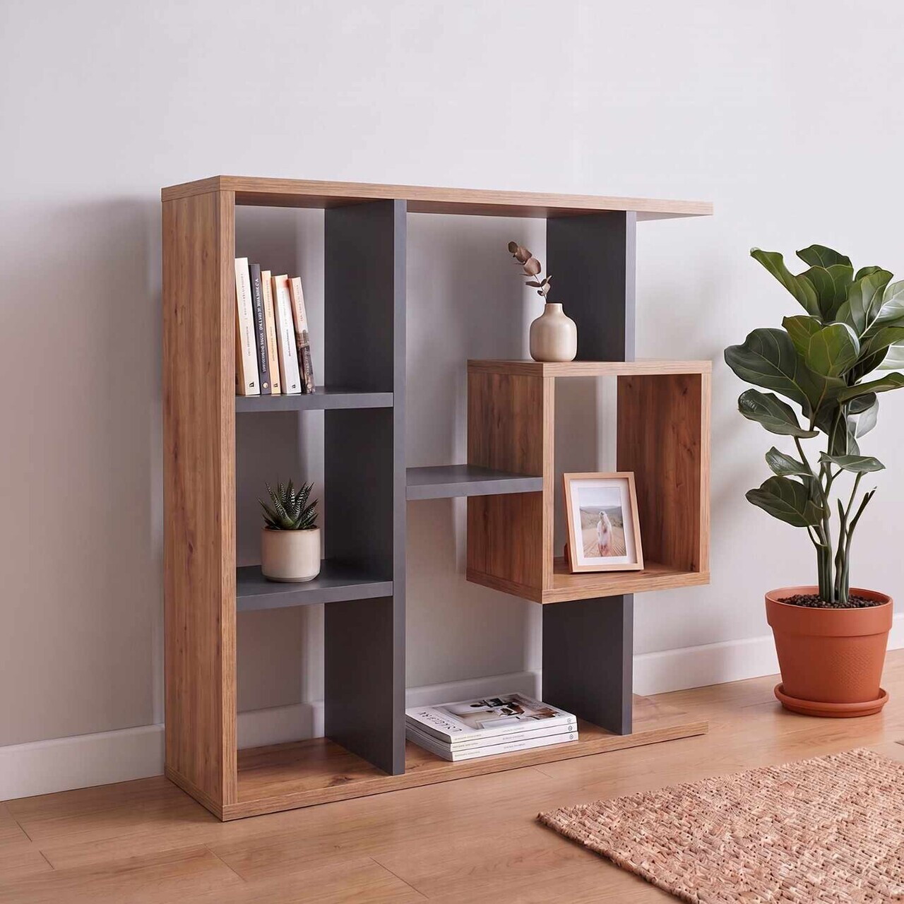 Corp biblioteca, Hanah Home, Yegane, 70.9x74.5x19.7 cm, Pin Atlantic / Antracit — imaginea 5
