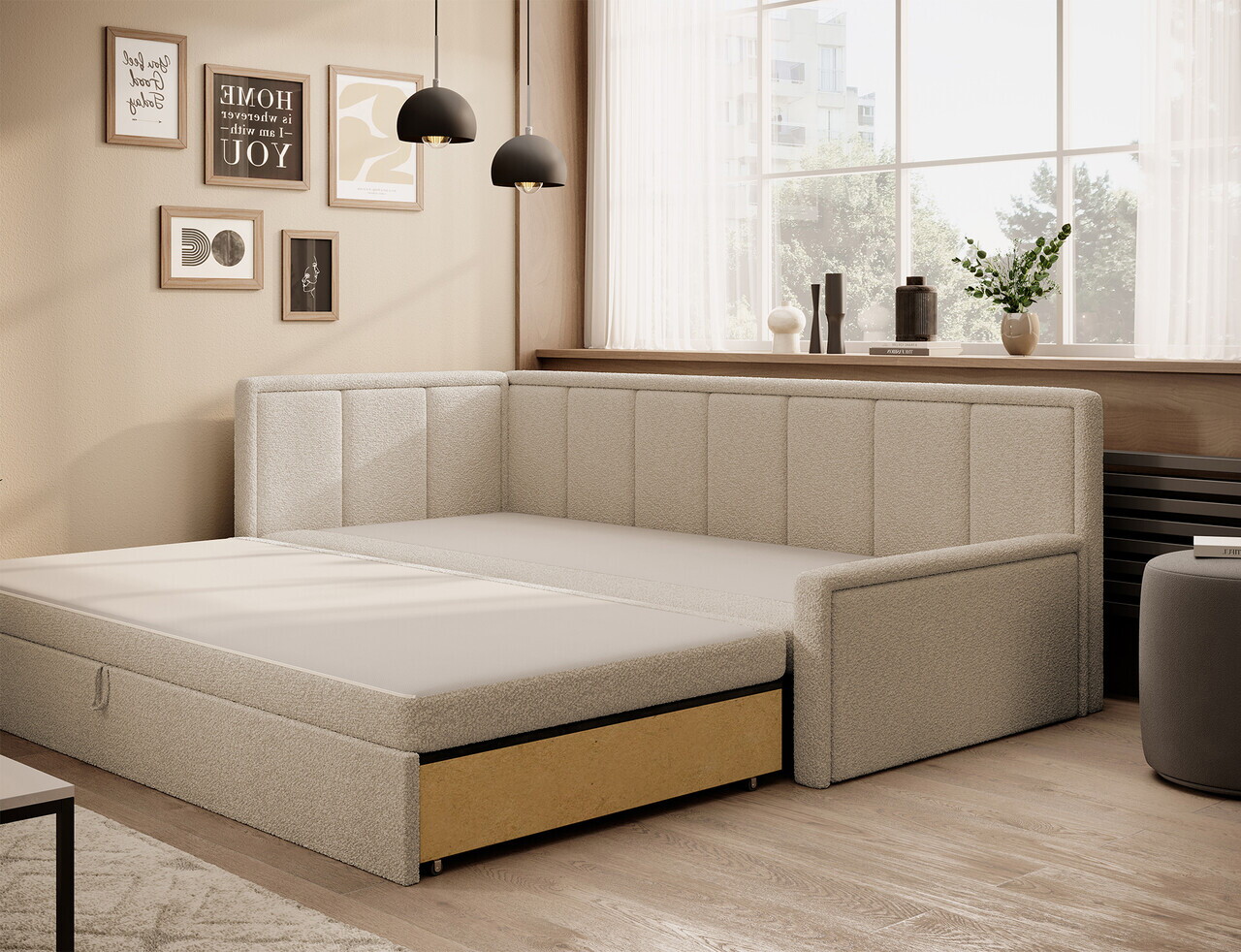 Canapea extensibila brat stanga 3 locuri ELTAP, Fulgeo, 214x82x77 cm, lemn/catifea din poliester, bej - view 3