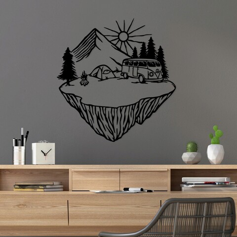 Decoratiune de perete, landscape camp, metal, dimensiune: 67 x 70 cm, negru