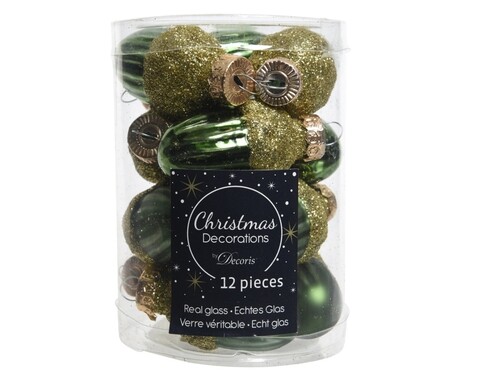 Cutie cu 12 globuri asortate Acorn, Decoris, sticla, verde/auriu