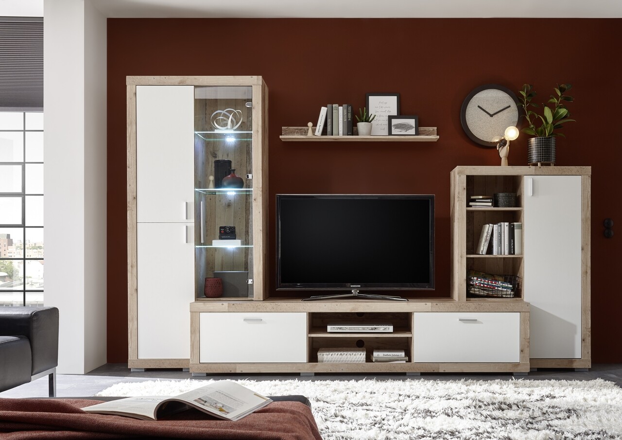 Mobilier Pentru Living, Luna, 1 X Polita, 1 X Comoda, 2 X Dulapuri, PAL, Bej/alb