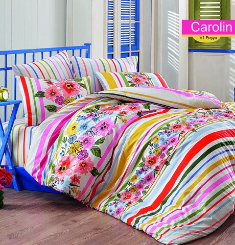 Lenjerie de pat pentru o persoana Carolin v1, Majoli Home Collection, 3 piese, 160x240 cm, bumbac ranforce, multicolor