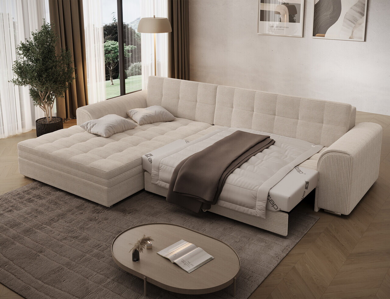 Coltar extensibil stanga 4 locuri ELTAP, Sorento, 296x194x78 cm, lemn/poliester, bej — imaginea 6