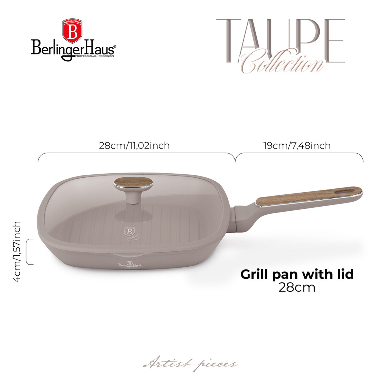Tigaie grill cu capac Berlinger Haus, Taupe Nordic, 28 cm, 2.1 L, aluminiu forjat, taupe mat/natur - imagine 10